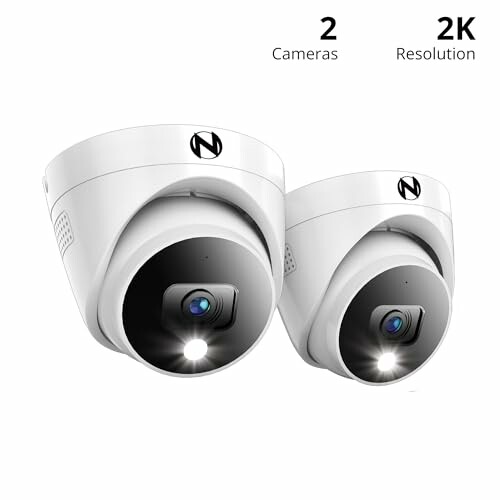 Two white security cameras with 2K resolution