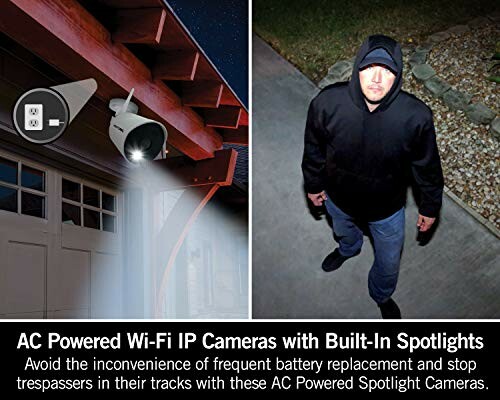 AC powered Wi-Fi IP camera with spotlight and person walking at night