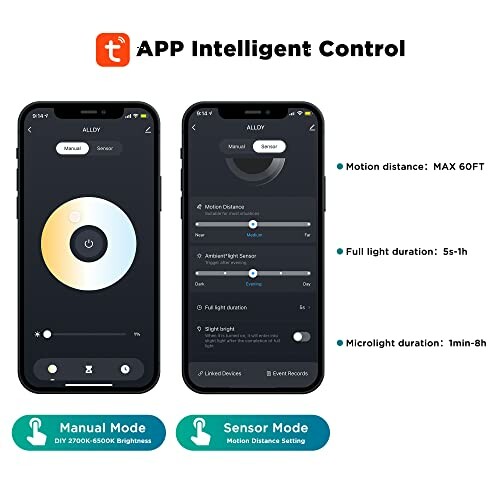 Smartphone interface showing app intelligent control features for lighting.