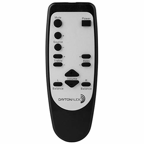 Dayton Audio remote control with buttons for power, source, treble, bass, volume, and balance.