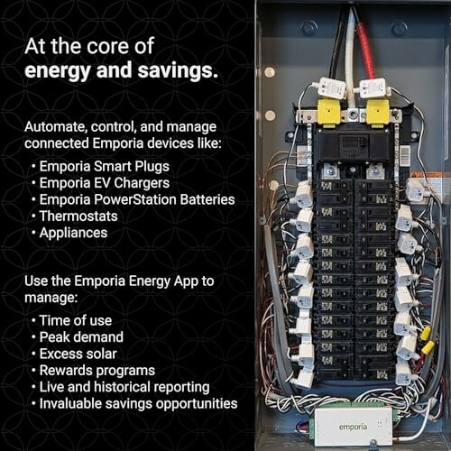 Energy management system with Emporia devices and app details.