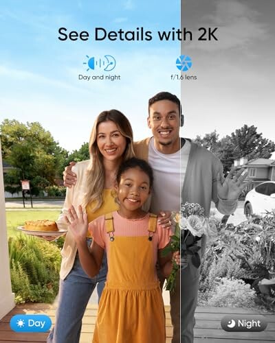 Family standing outside, image split to show color and black-and-white view.