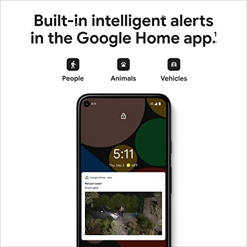 Google Home app with built-in intelligent alerts for people, animals, and vehicles.