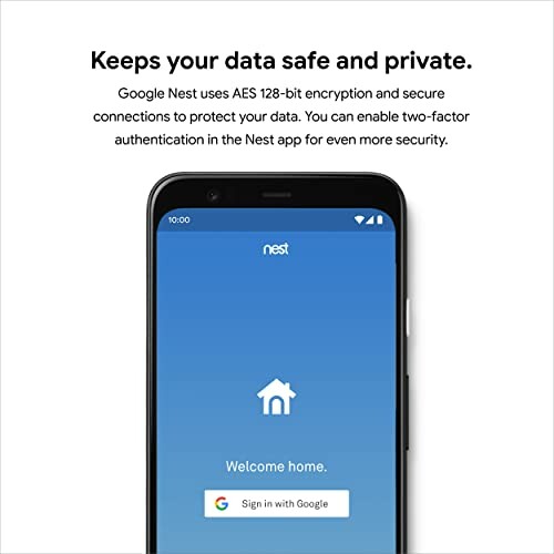 Google Nest app login screen promoting data safety and privacy with AES 128-bit encryption.