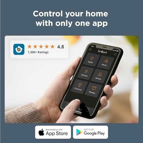 Hand holding smartphone with home control app interface.