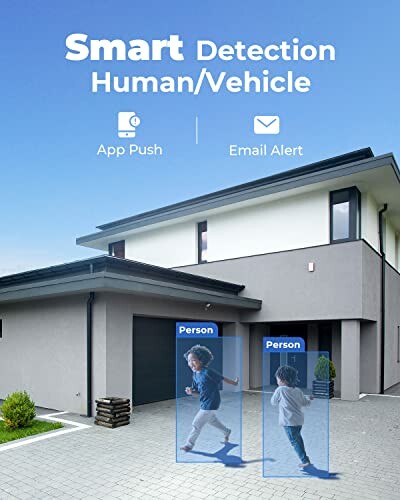 Home security camera with smart detection for humans and vehicles.