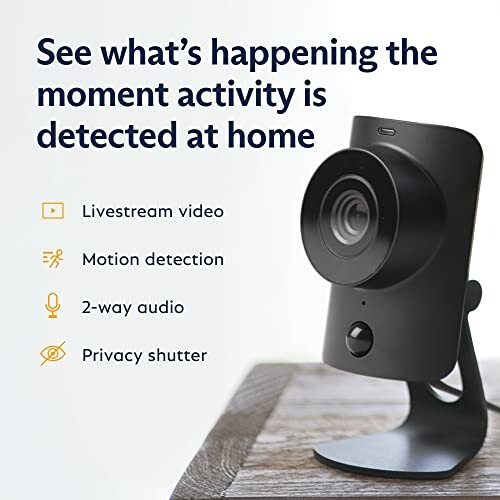 Home security camera with features listed: livestream video, motion detection, 2-way audio, privacy shutter.