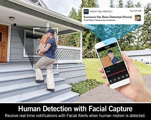 Person carrying package detected by home security system with facial detection feature