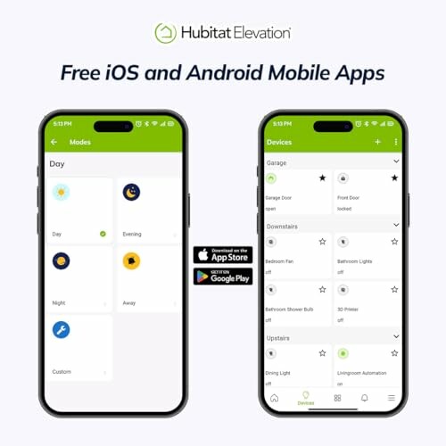 Hubitat Elevation app interface for iOS and Android showcasing home automation features.