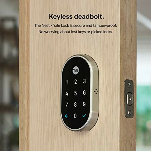 Nest x Yale Lock keyless deadbolt on wooden door.