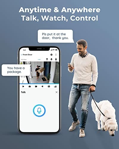 Man walking dog while using smartphone to monitor home security camera.