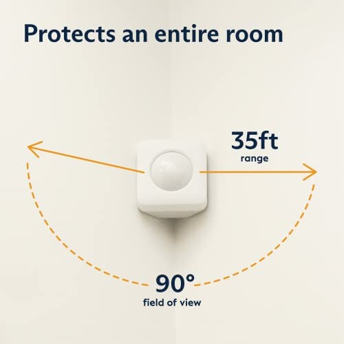 Motion sensor with 35ft range and 90-degree field of view.