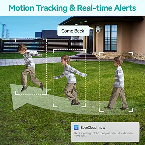 Motion tracking feature showing a child moving in a yard with real-time alerts.