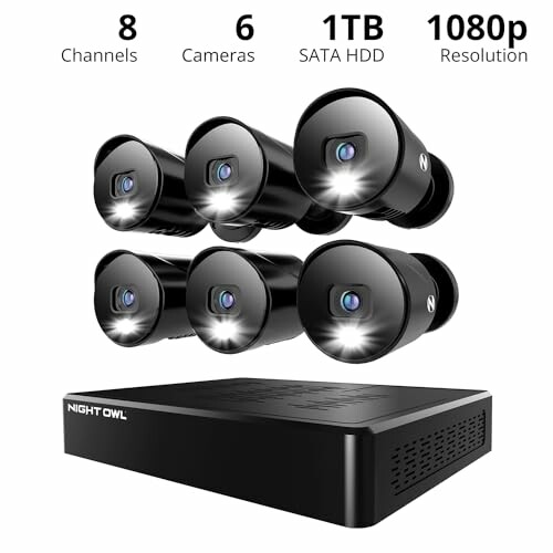 Night Owl security camera system with 8 channels, 6 cameras, 1TB HDD, 1080p resolution.