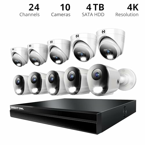 Night Owl security camera system with 24 channels, 10 cameras, 4TB HDD, 4K resolution