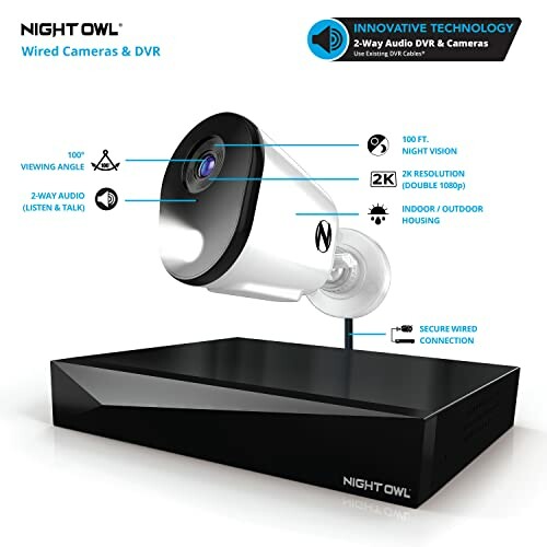 Night Owl wired security camera and DVR with 100 ft night vision and 2K resolution.