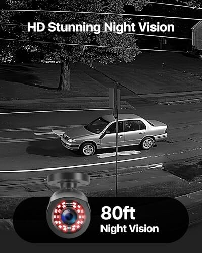 Car on road under HD night vision camera view with 80ft range.