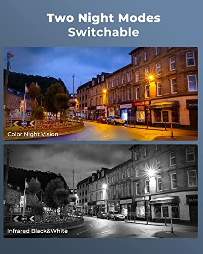 Comparison of color night vision and infrared black and white modes in a town setting.