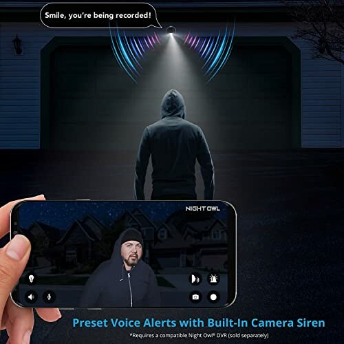 Night vision security camera alert with voice notification.