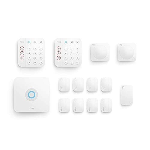 Ring Alarm security kit with keypads, sensors, and motion detectors.