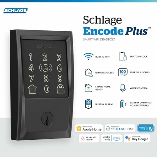 Schlage Encode Plus smart WiFi deadbolt with keypad and feature icons.