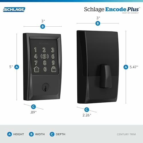 Schlage Encode Plus smart lock with dimensions and features.