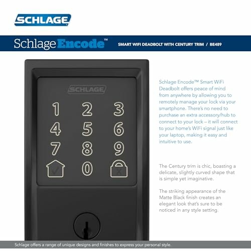 Schlage Encode Smart WiFi Deadbolt with Century Trim.