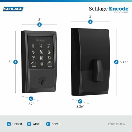 Schlage smart lock with dimensions and features.