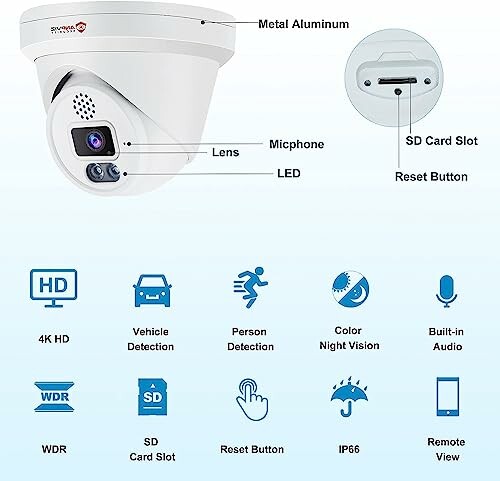 Security camera with features like 4K HD, vehicle and person detection, color night vision, built-in audio, WDR, SD card slot, reset button, IP66, and remote view.