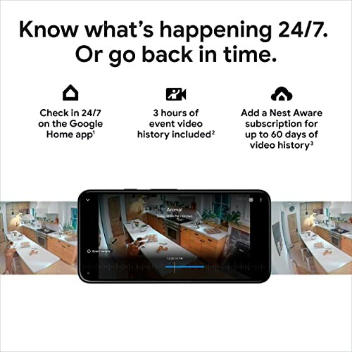 Smartphone displaying security footage with features like 24/7 check-in and event video history.