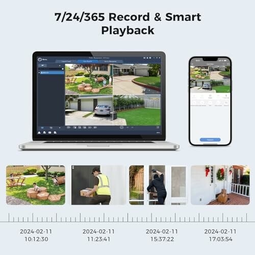 Laptop and smartphone displaying security camera footage with a timeline of recorded events.