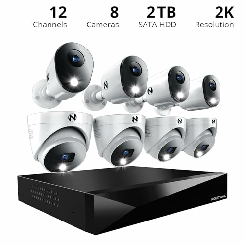 Night Owl security camera system with 12 channels, 8 cameras, 2TB SATA HDD, 2K resolution.