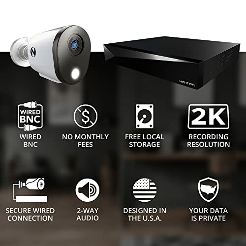 Security camera and DVR system with features like wired BNC, no monthly fees, free local storage, 2K resolution, secure connection, 2-way audio, USA design, and data privacy.