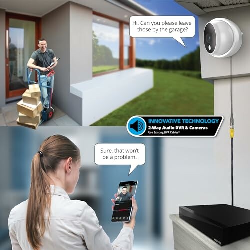 Person using two-way audio security camera to communicate with delivery person.