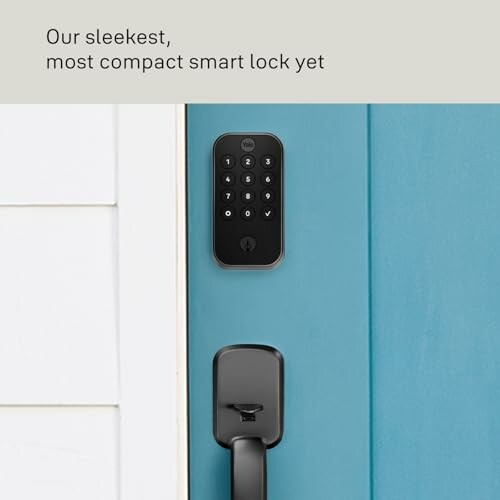 Sleek and compact smart lock on a blue door.