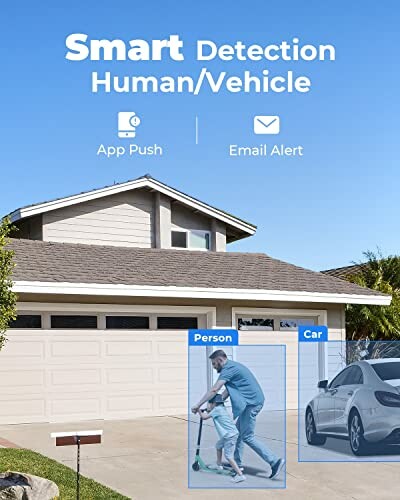 Smart detection system identifying person and car in driveway with app and email alerts.