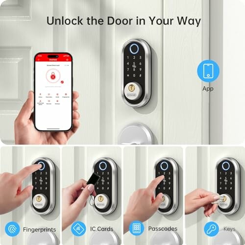 Smart lock with multiple unlocking options: fingerprint, IC card, passcode, key, and app.