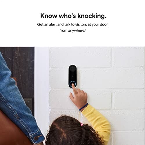 Child pressing smart doorbell, alert and communication feature.