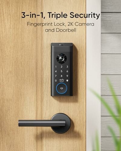 Smart doorbell with fingerprint lock, camera, and keypad on wooden door.