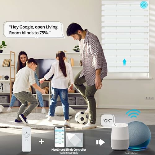 Family playing soccer indoors with smart home device controlling blinds.