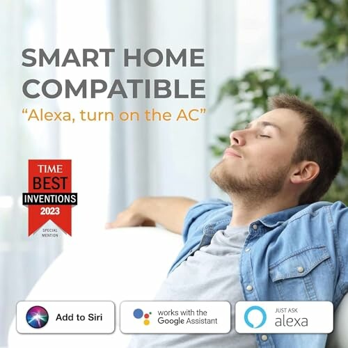 Man relaxing with smart home assistant compatibility options displayed.