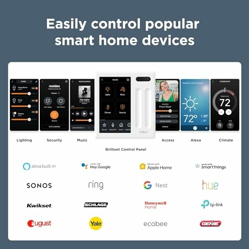 Smart home device control panel with various brand integrations.