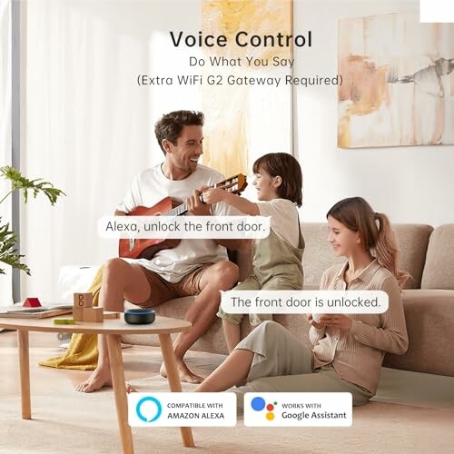 Family using voice control for smart home devices.