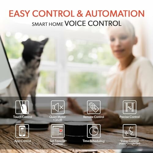 Smart home voice control features with icons for touch control, remote control, and app control.