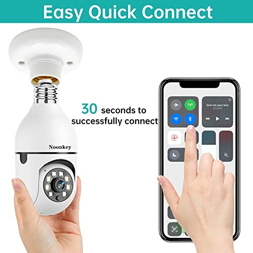 Smart light bulb security camera with mobile app interface.