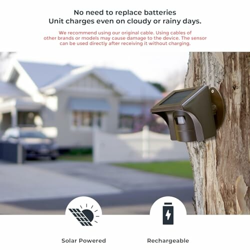 Solar powered security camera mounted on a tree with charging features.