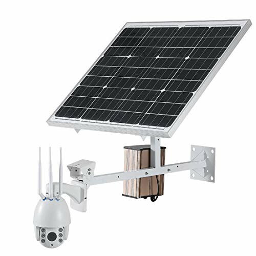 Solar-powered security camera with a solar panel and antennas mounted on a wall bracket.