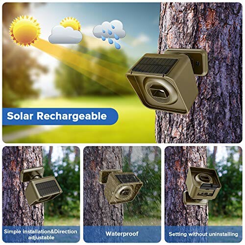 Solar rechargeable security camera mounted on a tree with directional adjustment, waterproof features, and easy installation.