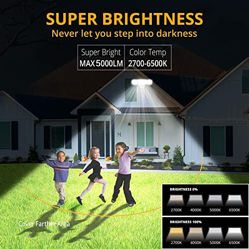 Outdoor light illuminating children playing in front of a house at night, showcasing super brightness and color temperature range.