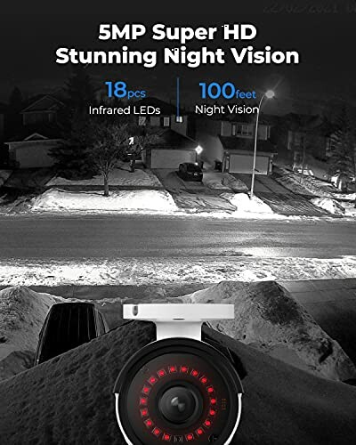 5MP Super HD security camera with infrared LEDs and 100 feet night vision capability.